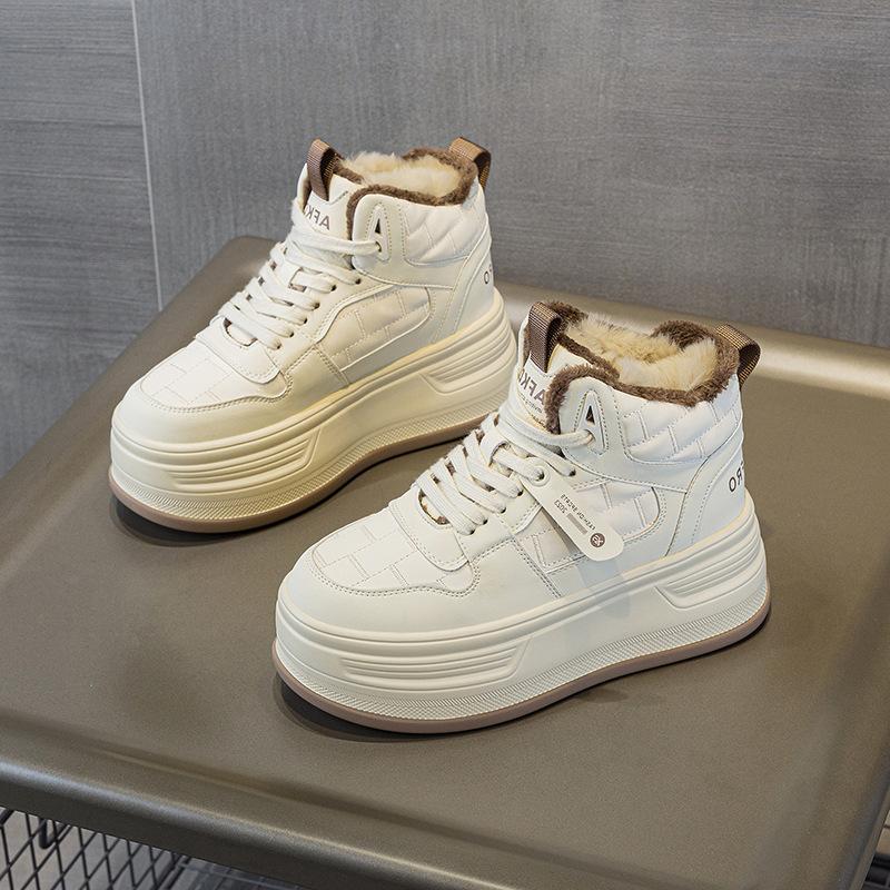 Heightened Thick-soled Fashionable Versatile Autumn and Winter New Single Shoes Rabbit Hair Trend Cotton Warm Women's Shoes Student High-top Shoes