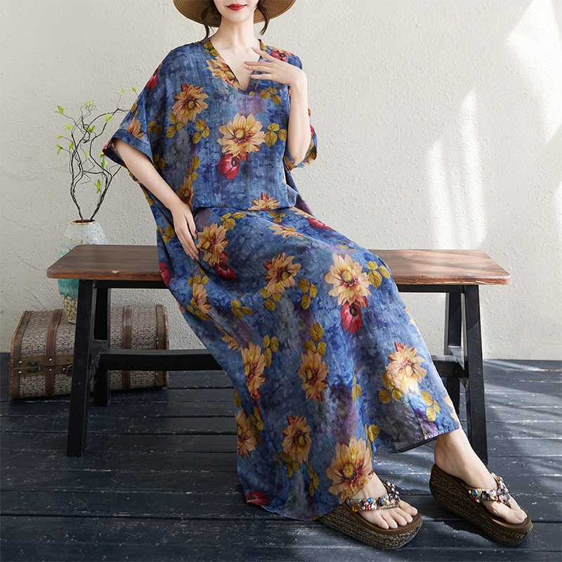 Women's Thin Cotton and Linen Loose Beach Skirt Retro Long Robe