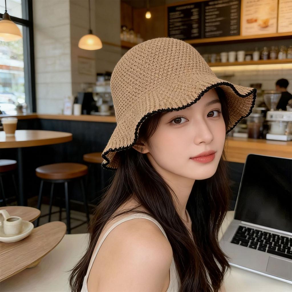 Color knitted hollow breathable bucket hat women's summer outdoor face small sunshade bucket hat women's basin hat