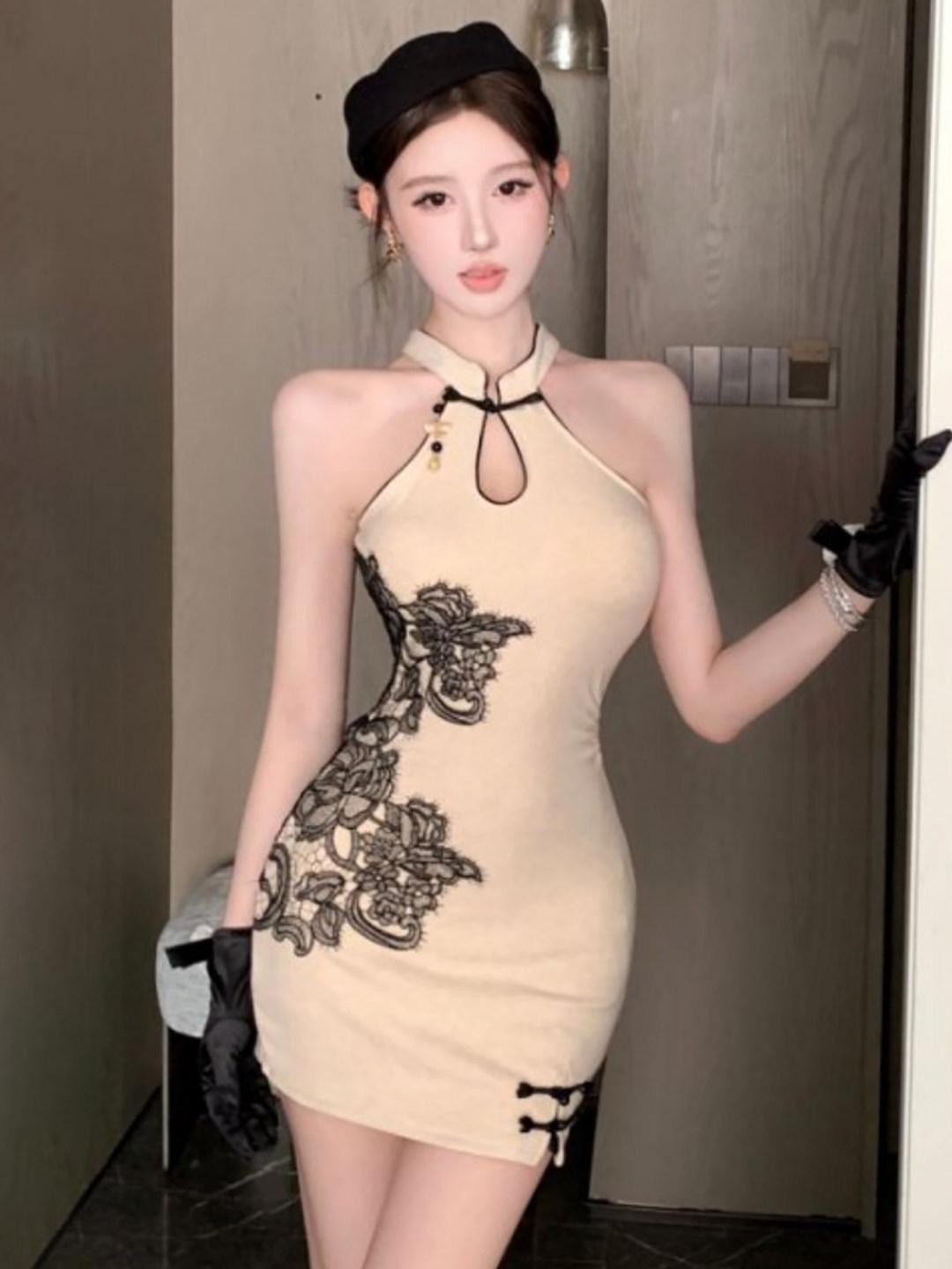 

Pure Desire Sexy Sleeveless Embroidered Bodycon Cheongsam Dress L абрикосовый