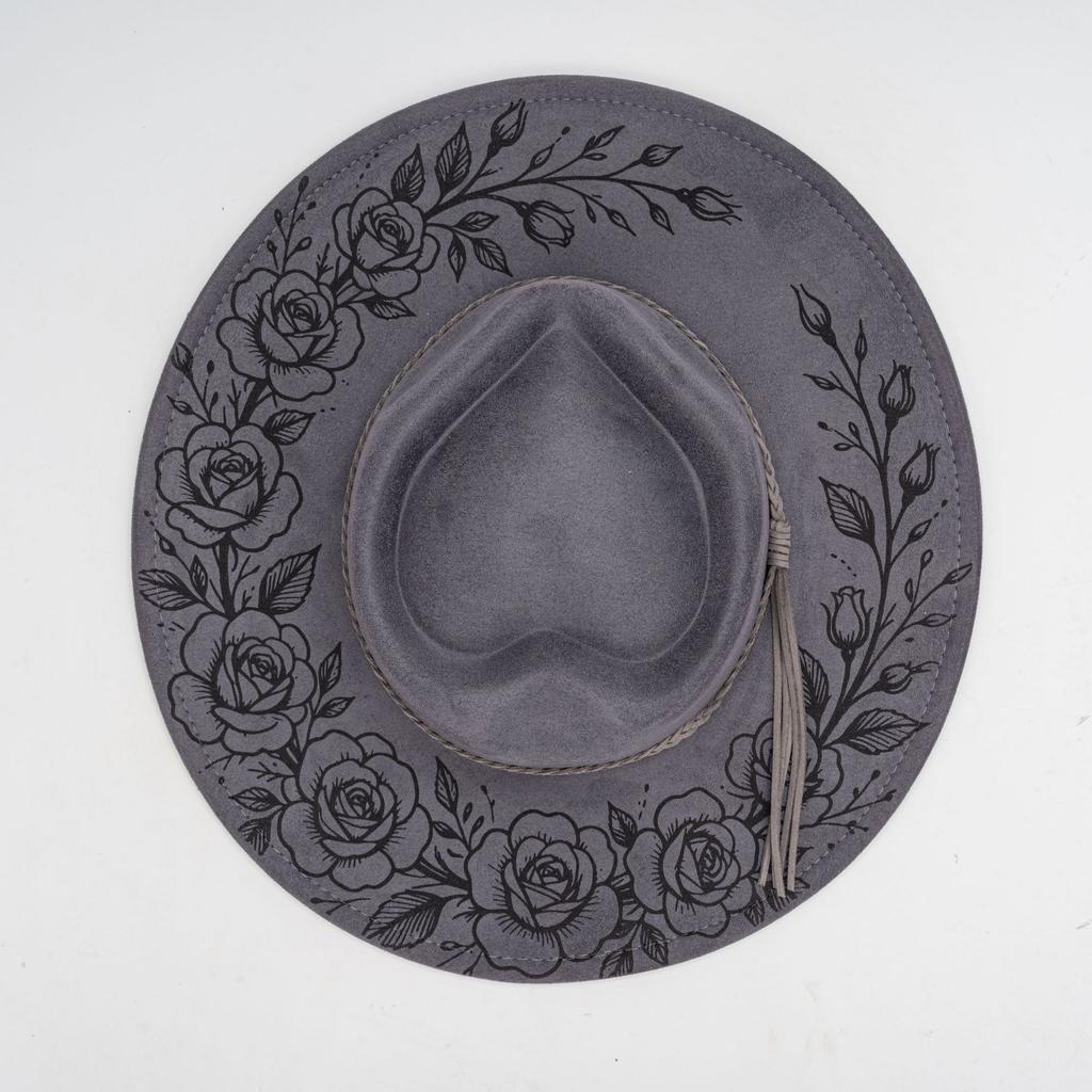 Source laser engraved suede top hat, rose pattern engraved woven fringed western cowboy hat