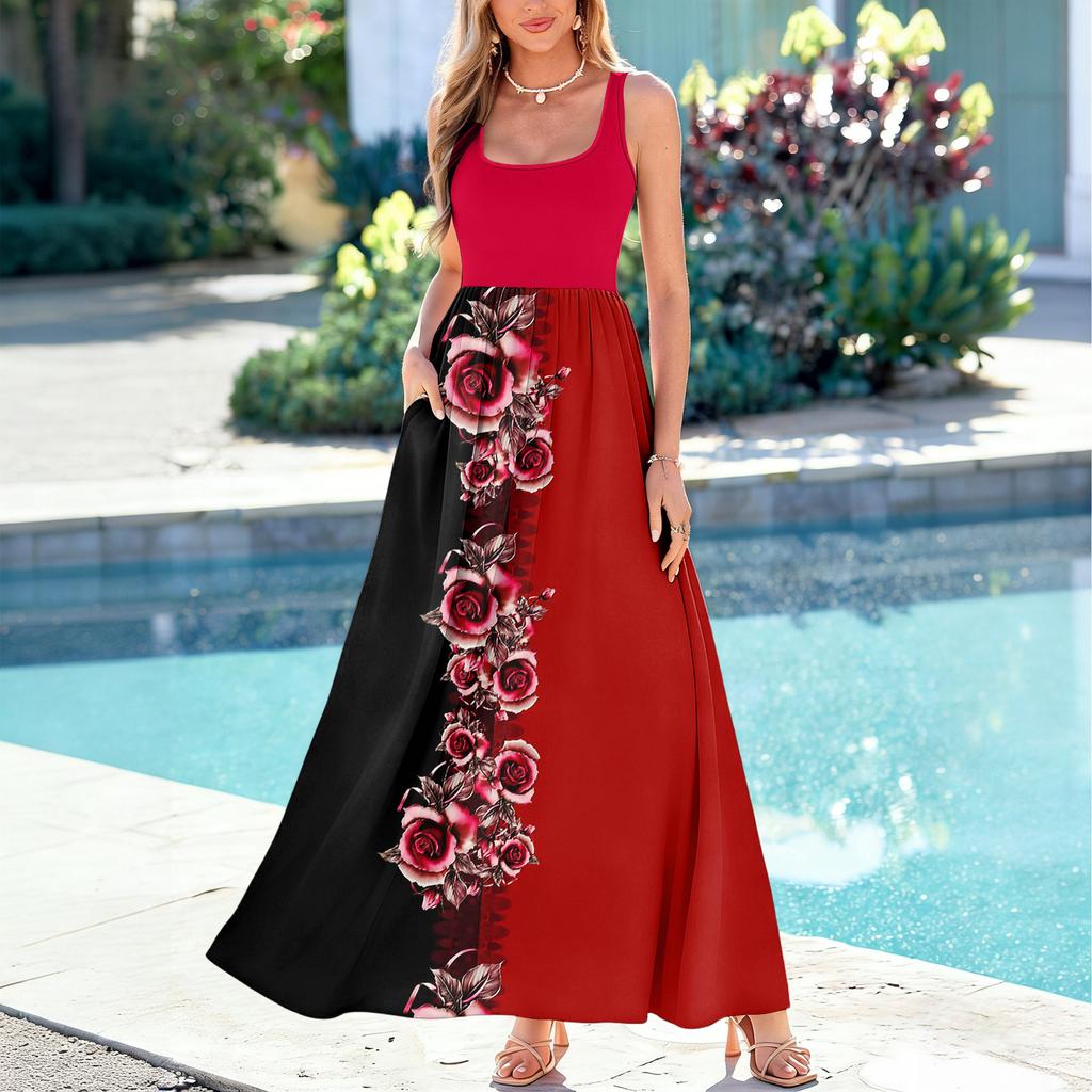 Ladies' floral print summer casual and fashionable sleeveless long dress