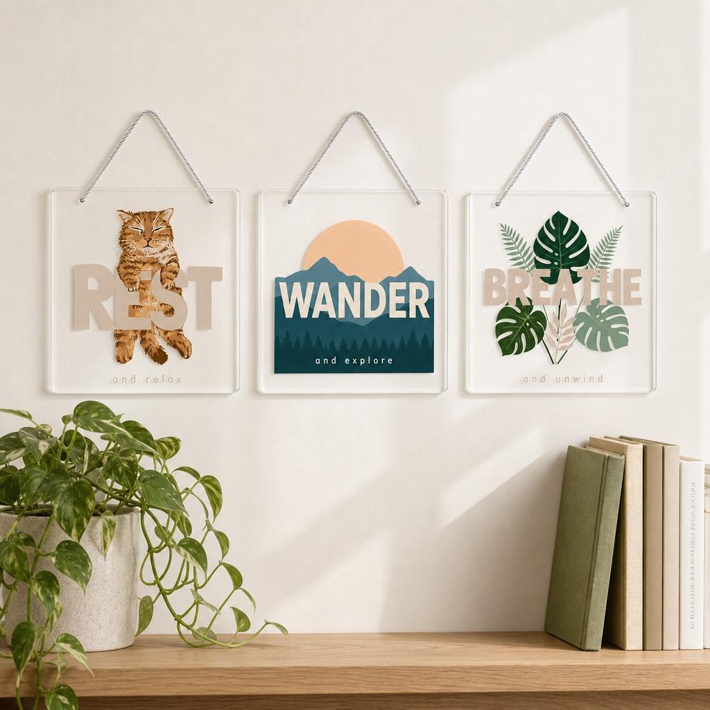 Square Clear Acrylic Wall Plaque Cat Art 20x20cm Smooth Edge Hanging Sign Home Decoration