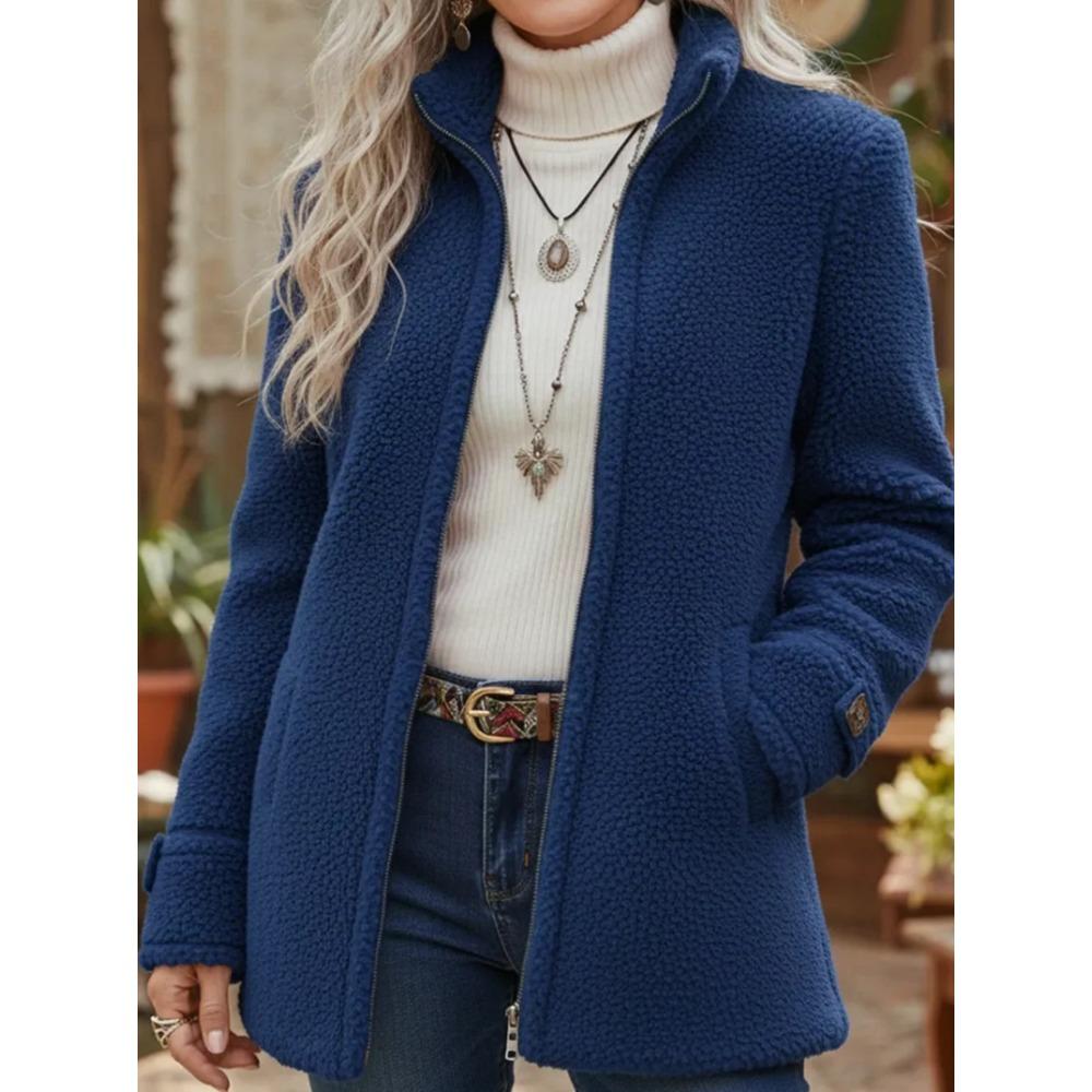 Winter Damen Stehkragen Einfarbig Locker Lässig Mode Langarm Polarfleece Reißverschluss Jacke