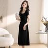 Elegant Green Square Neck Tea Break Dress: Short-Sleeved, Waist-Cinching, High-Class Summer Arrival