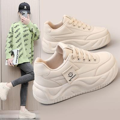 H232 New  Spring and Summer Solid Color Leather Casual Board Shoes Thick Sole Increased Round Toe Wear-Resistant Women's Shoes Street Shooting Fashion