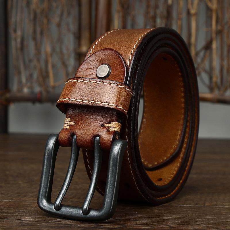 Belt Men's Retro Trendy All-Match Italian First Layer Cowhide Double Pin Buckle Genuine Leather Jeans Belt