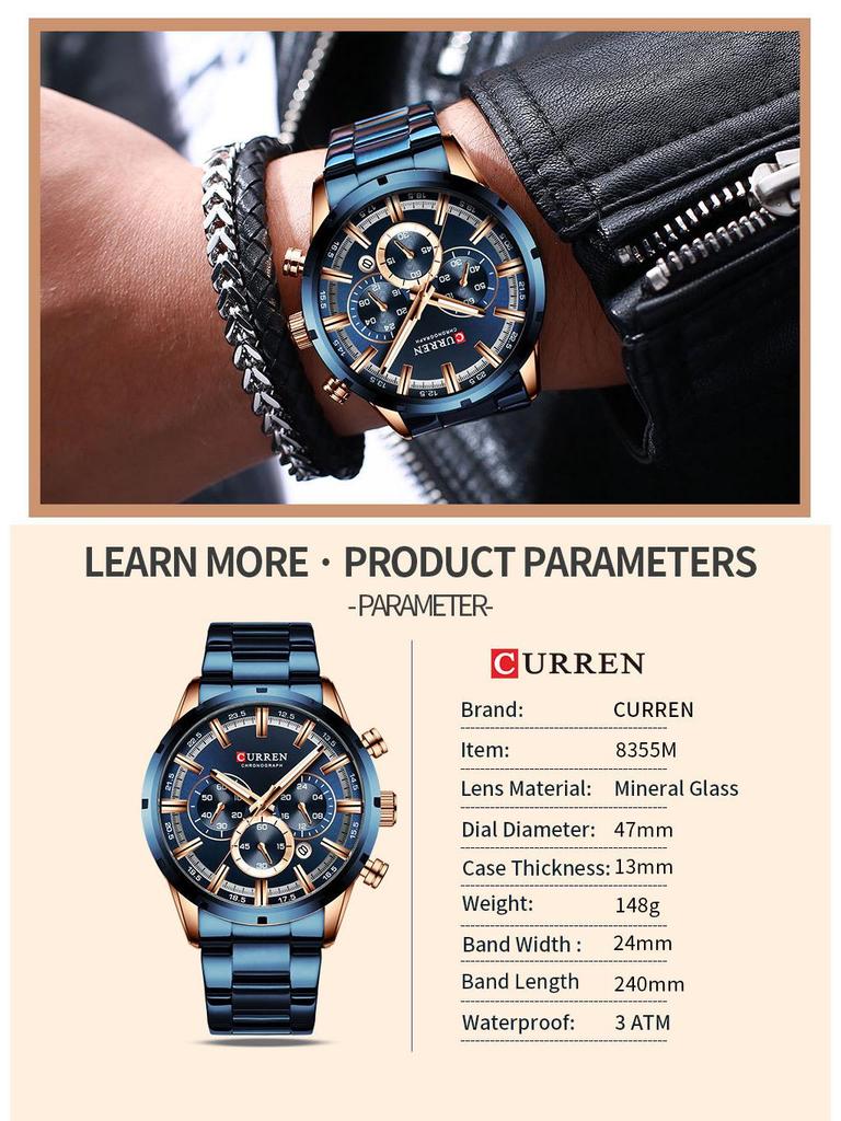 Curren 8355 Men's Waterproof Quartz Calendar Watch with Steel Band