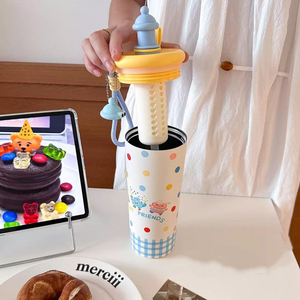 Cute Thermos Bottle With Straw Infuser Large Stainless Steel Thermal Cup For Tea Coffee Girl Woman Portable Water Bottle 700ml