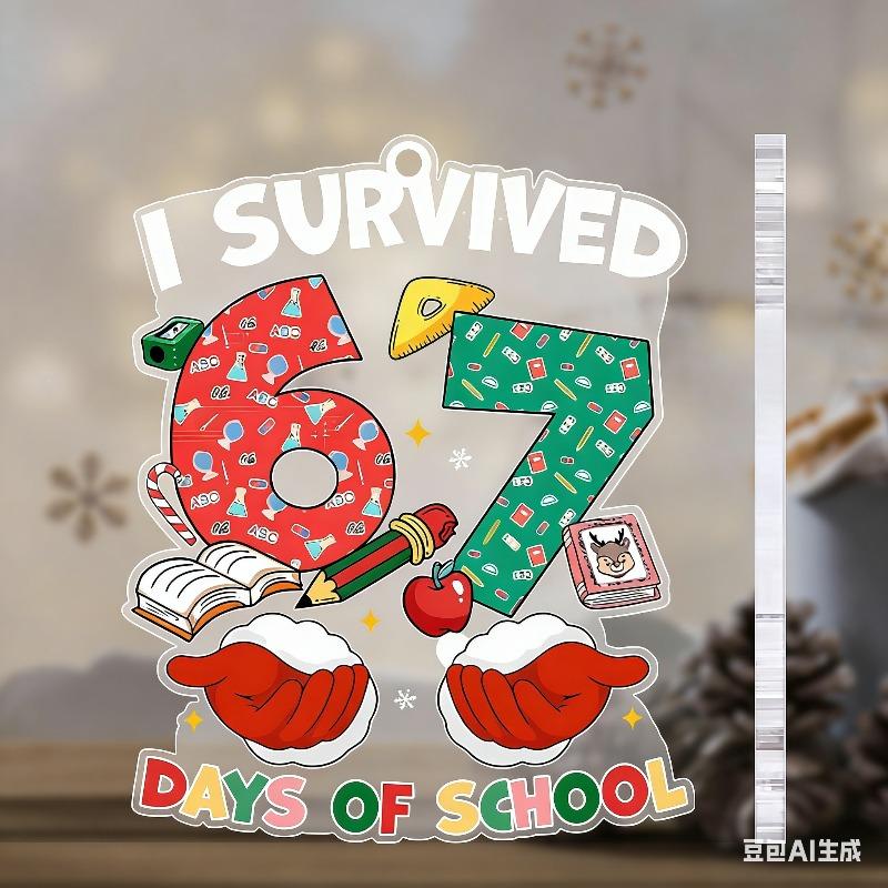 2D Flat "I Survived 67 Days of School" Acrylic Decoration Sign, Christmas Gift, Suitable for wall decoration, porch, room, villa, accents Home, Hallwa