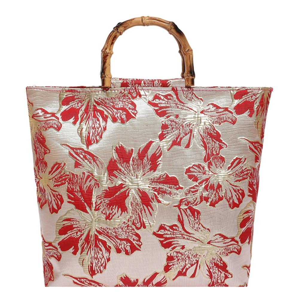 Borsa Tote Jacquard in Tela Chegsam Accessori Manico con Giunzione in Bambù Borsa a Mano Stile Cinese Grande Capacità Chiusura con Zip