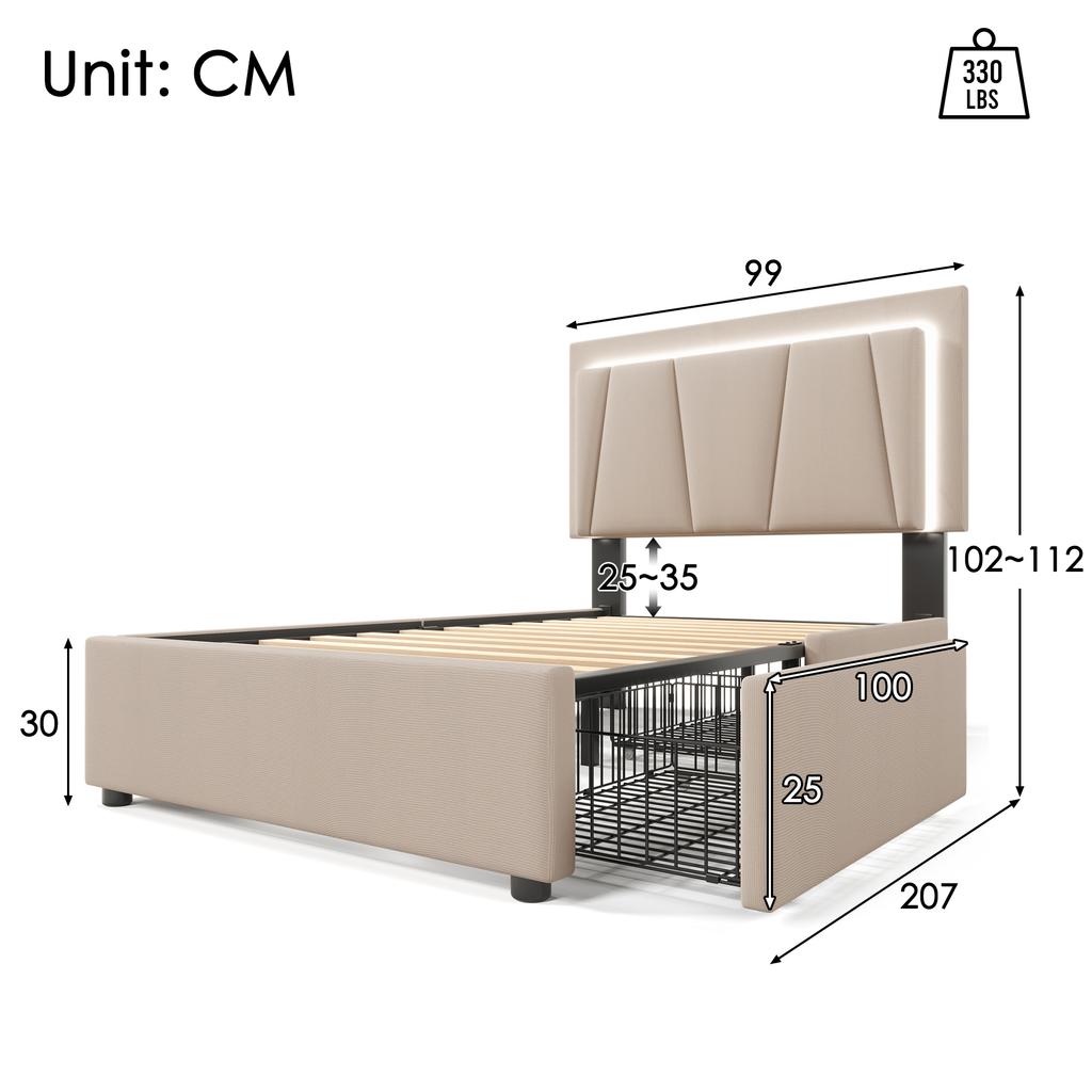 Upholstered Bed with LED Lighting and 2 Drawers, Height-Adjustable Headboard, Single 90x200cm Bed Frame, Slatted Base, Beige (Without Mattress)