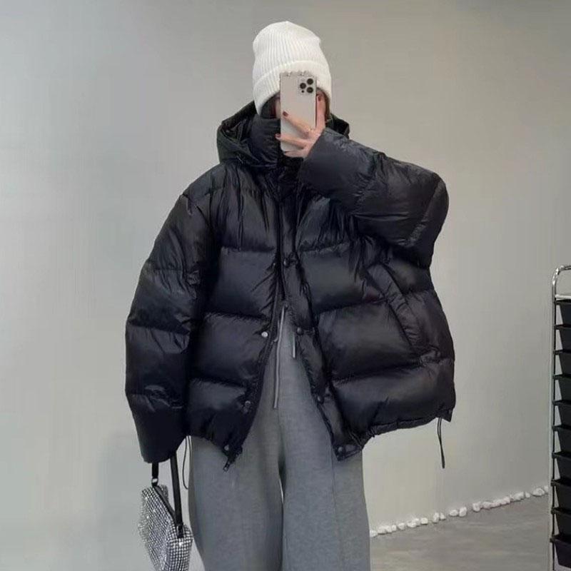 

Куртка на утином пуху женская зимняя с длинным рукавом теплая свободная с капюшоном пальто One Size чёрный