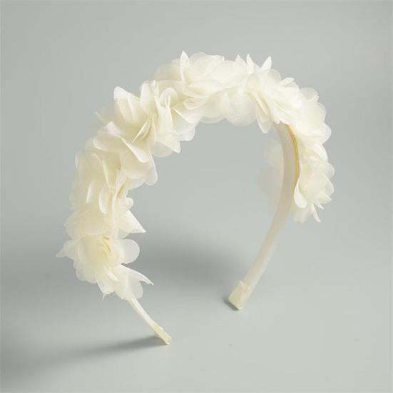 Soft Yarn Headband with Gauze Flowers Faux Pearls Decor Romantic