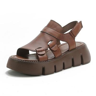 Fashion 5.5CM Summer Handmade Genuine Leather Sandals Women Designer Luxury Hook And Loop Wedges Platform Casual Sandals Women Shoes