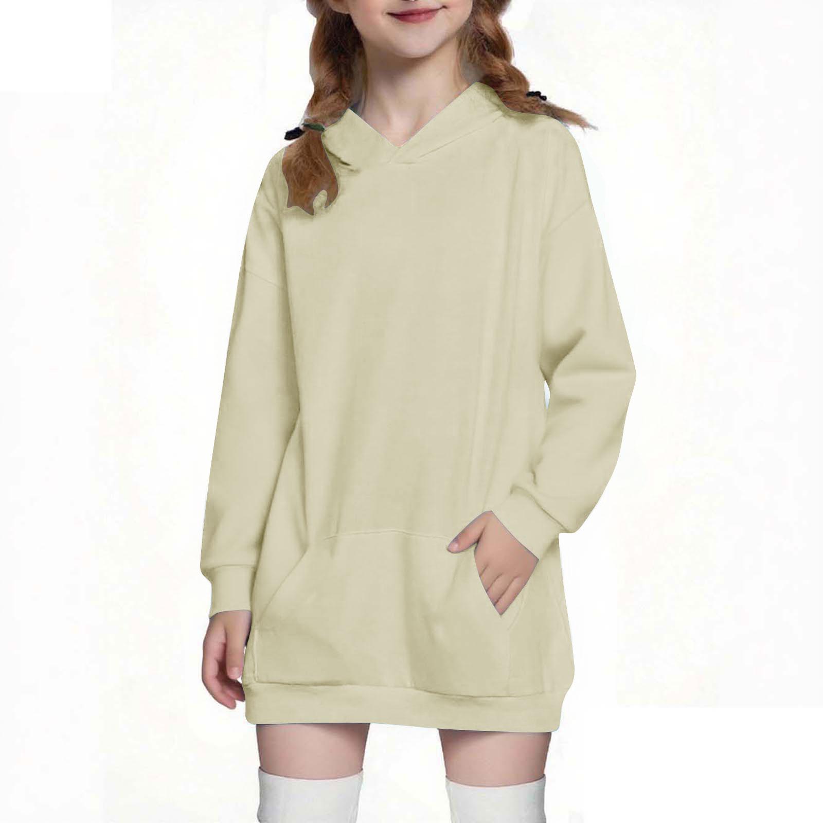 

Children s Fashion Solid Color Long Sleeved Hooded Sweatshirt Girls Mid Length Hoodie Top 130
