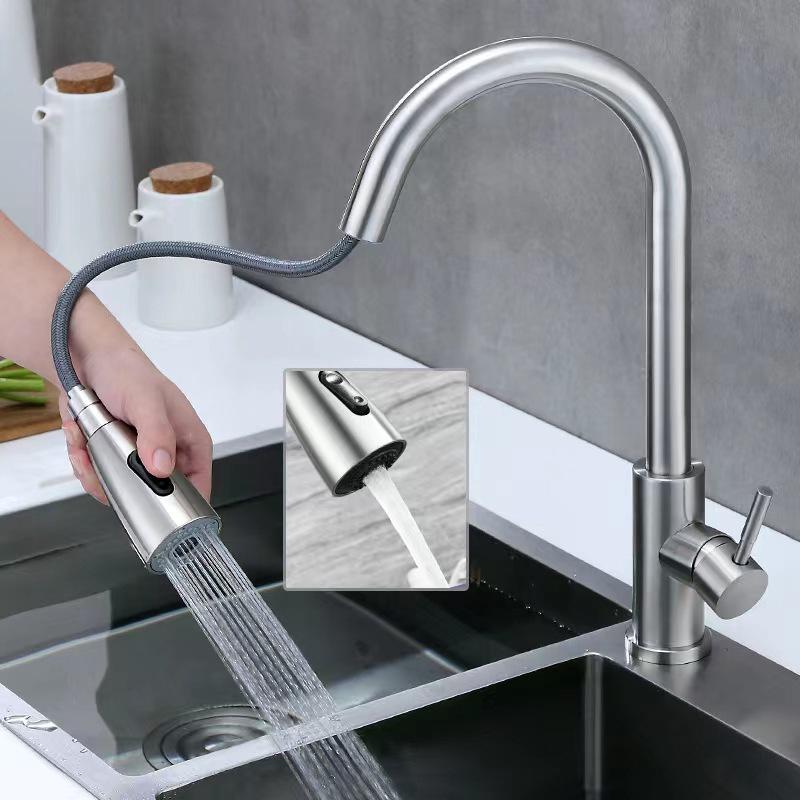 304 Stainless Steel Pull-Out Kitchen Sink Faucet with Hot/Cold Dual-Use, Three-Speed Function.