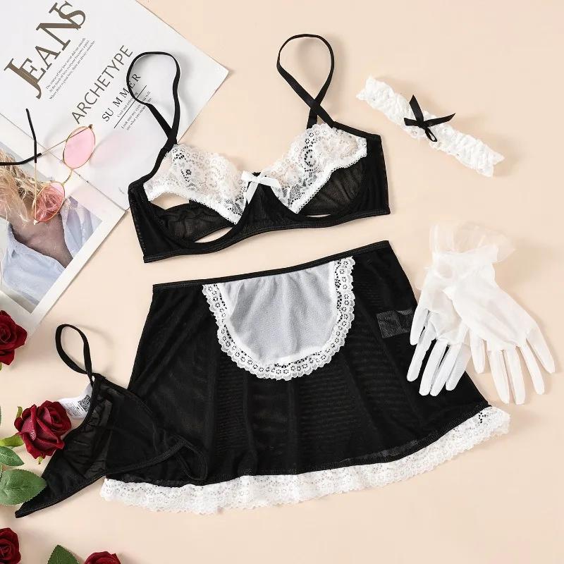 Erotic Sexy Uniform Suit Maid Cosplay Sexiest Costume Lace Crotchless Skirt Women Doll Desire Maids Perspective Sex Uniform