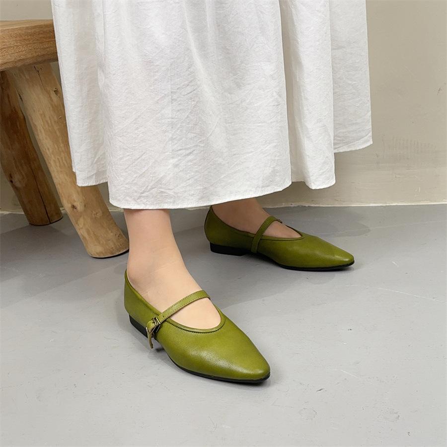 Johnature Oryginalne skórzane płytkie, spiczaste, płaskie buty retro, uniwersalne, miękkie, ze skóry bydlęcej, damskie