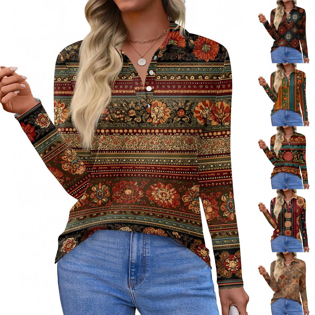 Women's Fashion Casual Lapel Short Long Sleeve Print Shirt Women's Button Up Tops