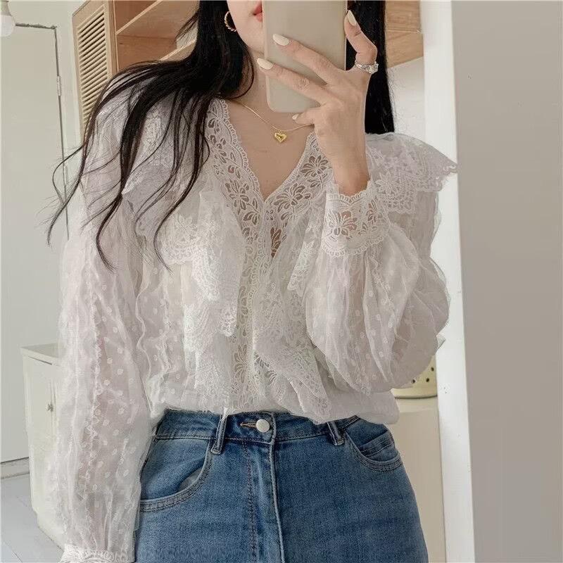 Hic Early Spring Lace Doll Collar Chiffon Shirt Women's Senior Design Sense Niche French Sweet Chic Top