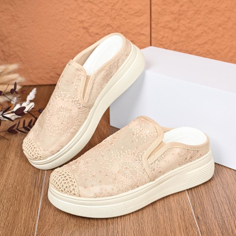 Fashion Mesh Wrapped Slippers Autumn New Round Toe Deep Mouth Platform Non-slip Wear-resistant Wedge Half Mow