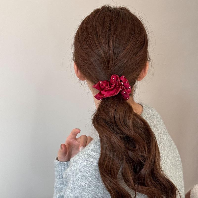 Red Satin Pleated Small Intestine Hairband Elastic Hair Tie Bun Hairpin Scalp Hair String Hair Accessory