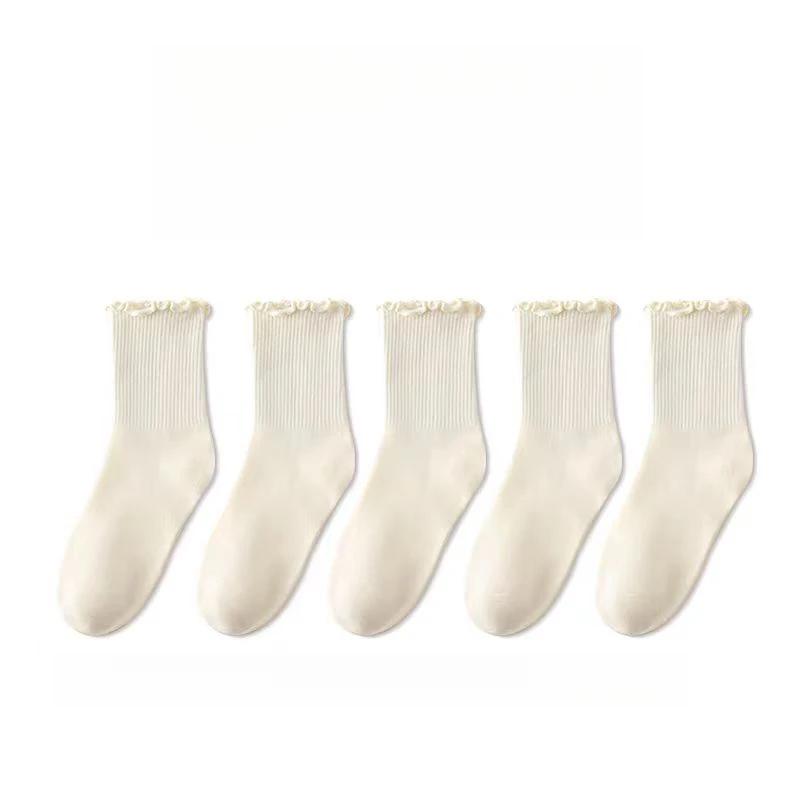 5 Paare /Los Socken für Damen Rüschen Mittelrohr Knöchel Kurz Atmungsaktiv Schwarz Weiß Set Frühling Herbst