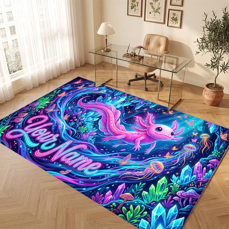 Axolotl Theme Soft Crystal Velvet Rug Custom Name & Text Print Non Slip Floor Rug for Bedroom Living Room