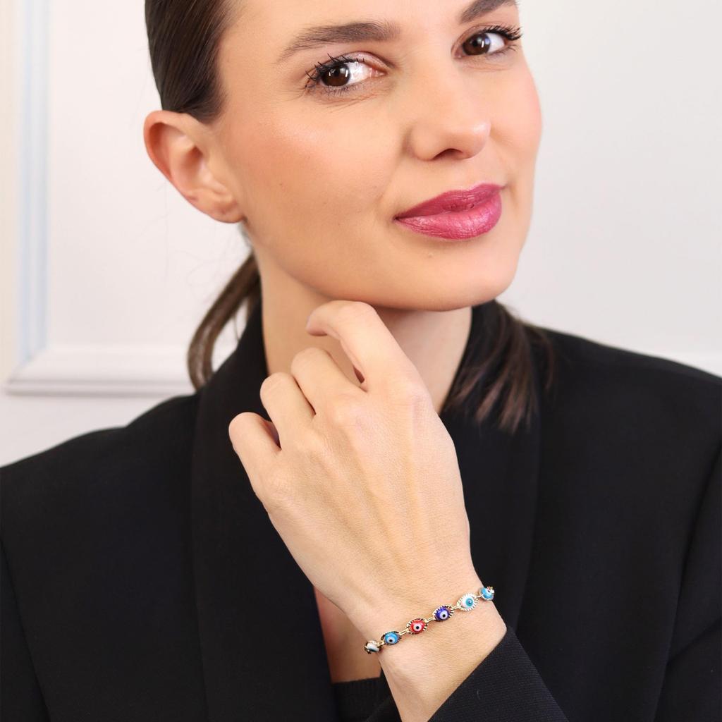 Amulet for Protection and Good Luck Multicolor Rainbow Evil Eye Bracelet for Women Teens Yellow Gold Plated Herringbone Snake Chain