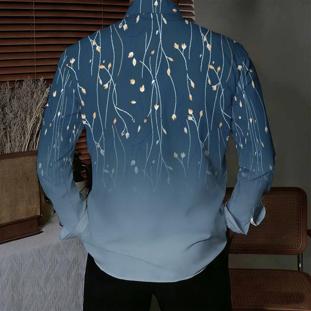 Men Collared Shirt Black Pink Floral White Star Print Long Sleeve Button Down Top