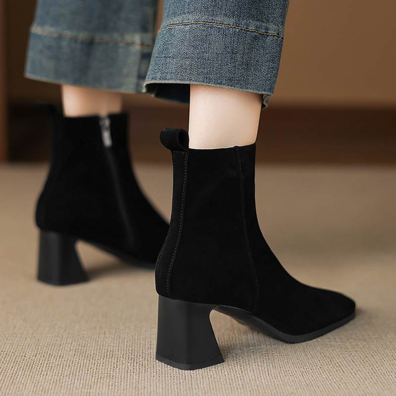 Krazing Pot Cow Suede Nubuck Winter Square Toe Modern Boots Thick High Heels Zipper Women Ankle Boots