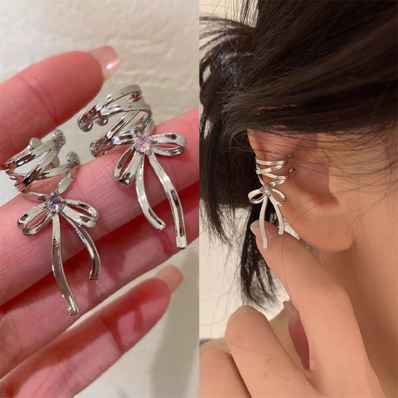 Ribbon aesthetic ear clips Women's tide cold ballet style ribbon bow No ear piercings Ear bone clips Student earrings