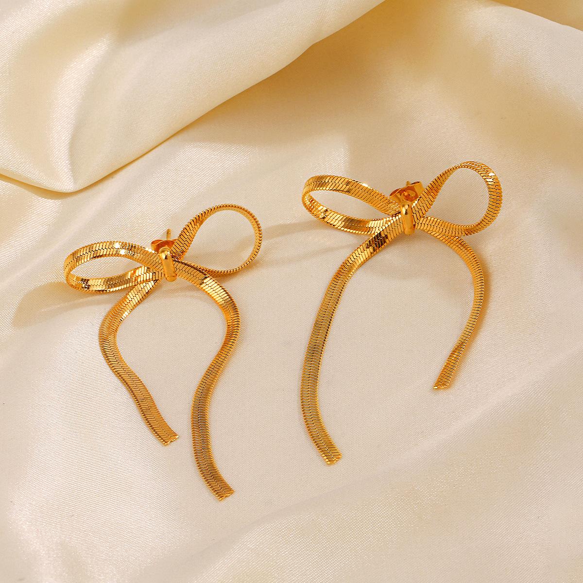 

New Fashion Gold Color stainless steel Flat Snake Chain Knot Bow Earrings for Women Girls Bowknot Long Tassel Earring золотий