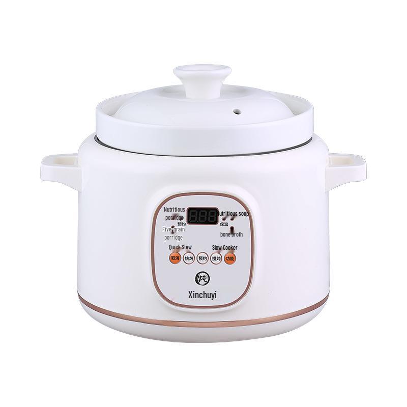 Plně automatický multifunkční elektrický pomalý hrnec s bílým keramickým a fialovým hliněným hrncem