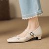 Krazing Pot Microfiber Square Toe Thick Med Heels Spring Summer Shoes Big Size 43 Flowers Decoration Women Office Lady Pumps