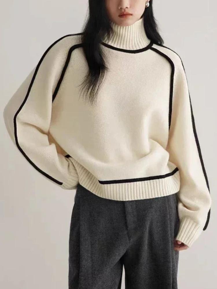 Podzim Zima Móda Nový Volný Svetr Dámský Elegantní Pletený Polovysoký Límec Dlouhý Rukáv Topy Elegantní Prošívání Dojížděcí Styl Teplý Svetr