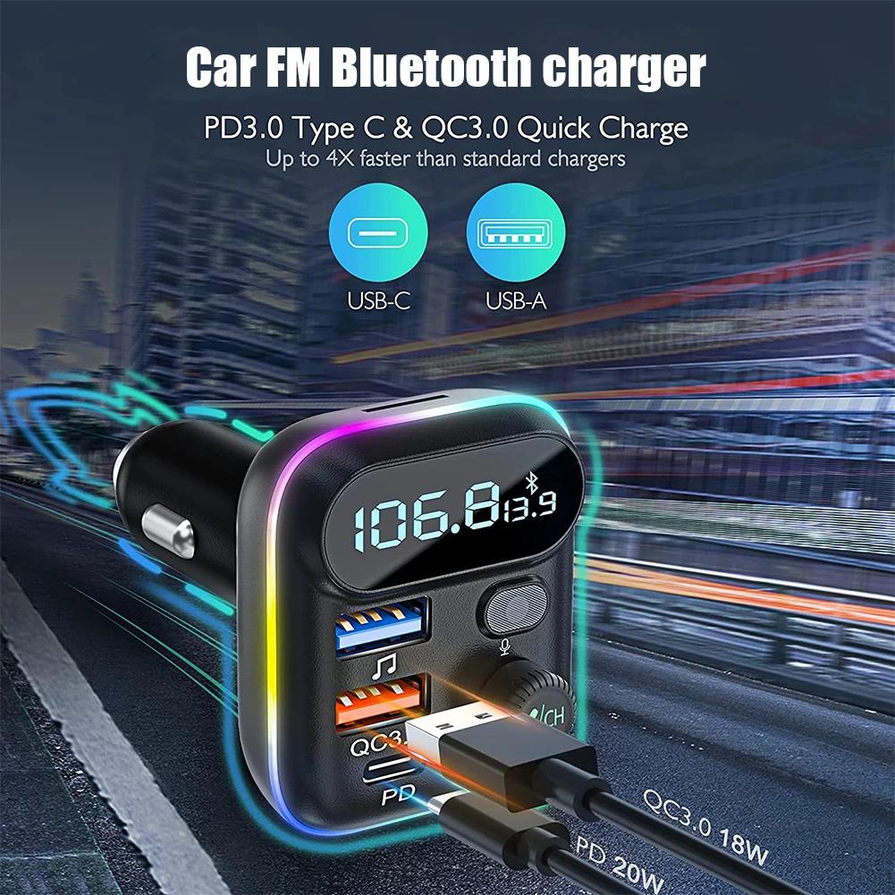 Rychlonabíječka do auta Bluetooth 5.0 FM vysílač PD Duální Přehrávač Hudby Typ-C Barevné Okolní MP3 Světlo Zásuvka Zapalovače USB
