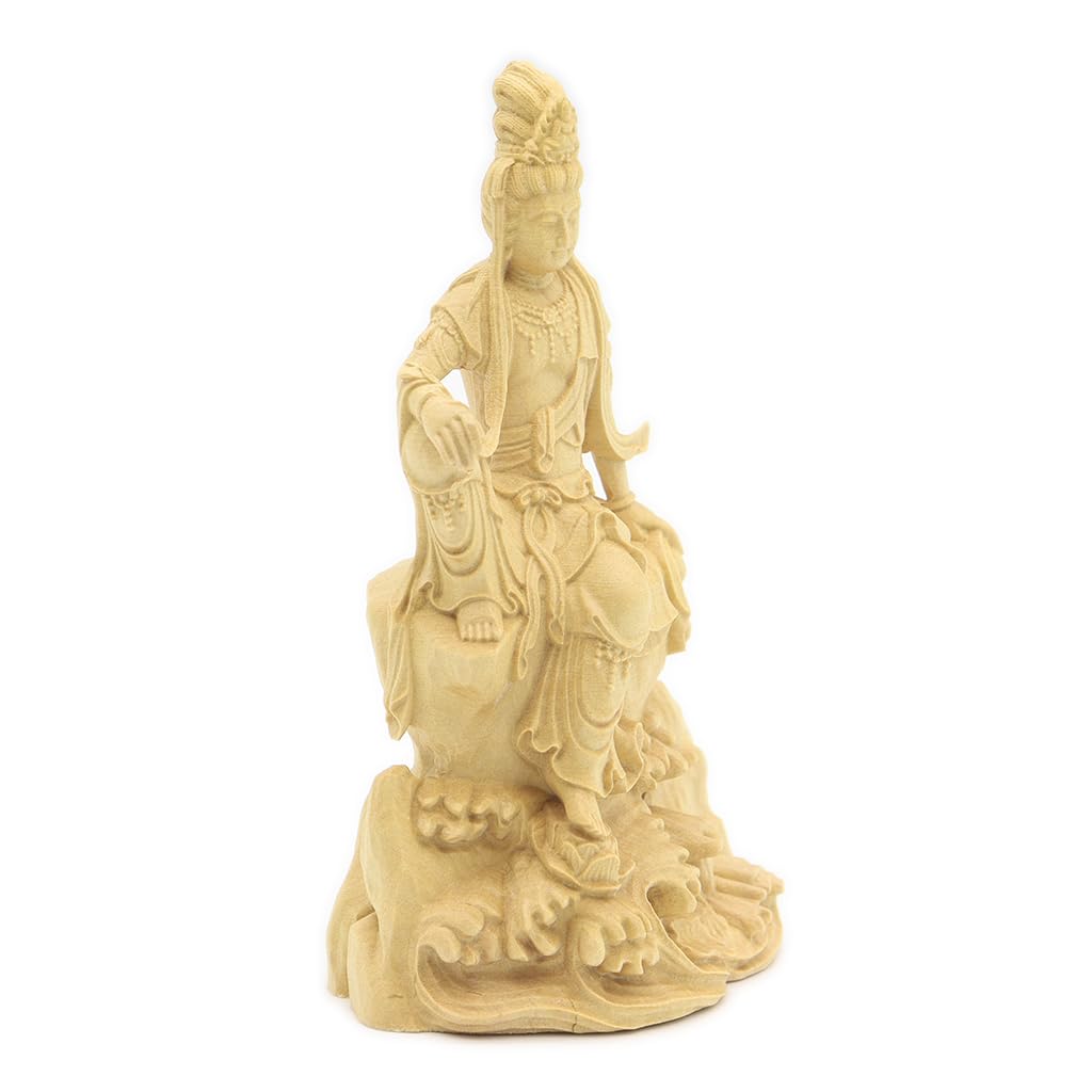 Specialty Buddhist Statue Kannon Bodhisattva Statue height width depth Miniature Kannon carving made from water boxwood with a rock base on the 8236