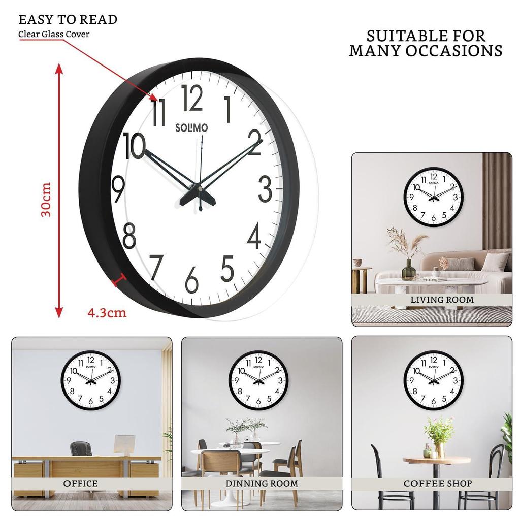 Sober 12-inch Plastic and Glass Silent Movement Wall Clock (Black Frame)