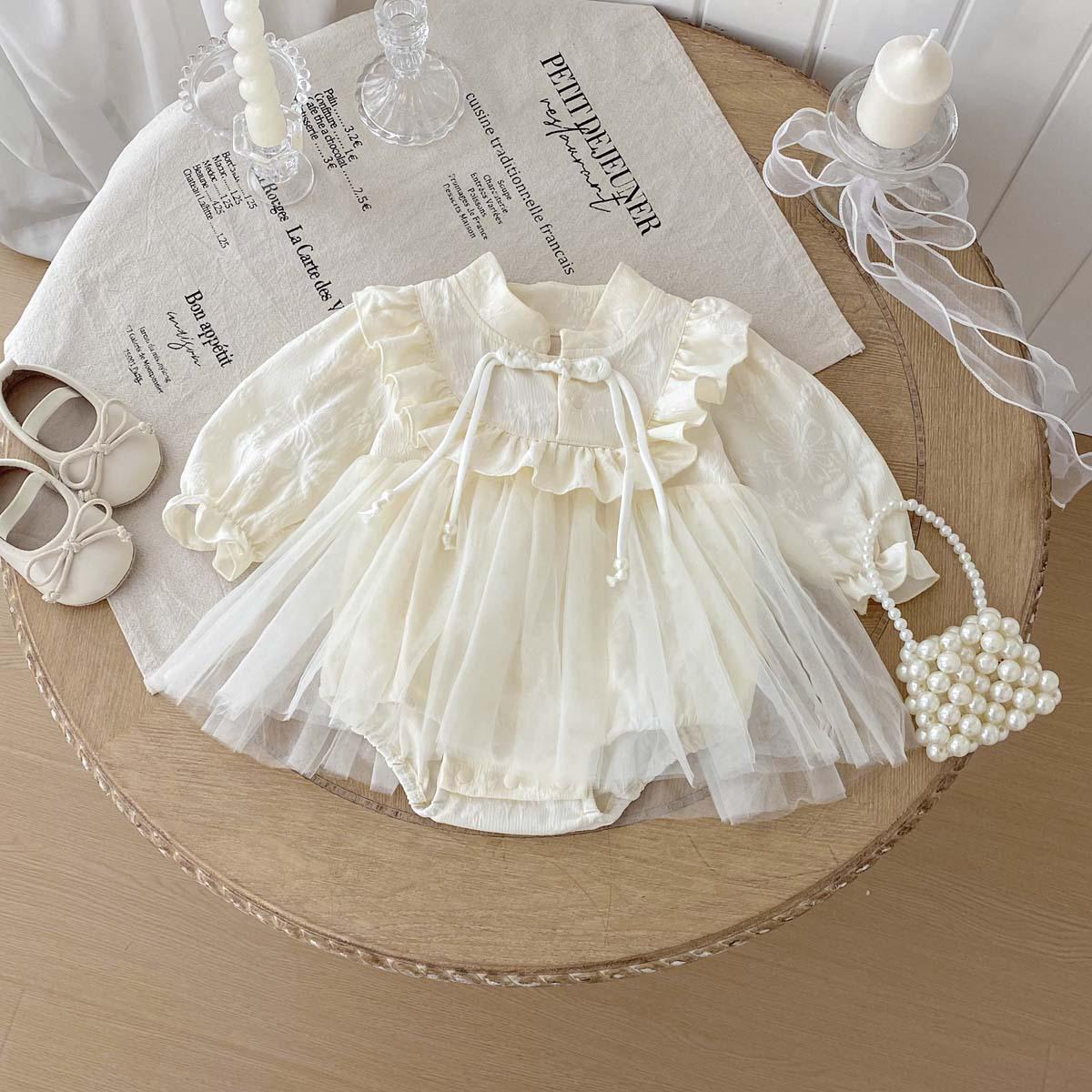 

2025 Весняно-осінній комбінезон-сукня для новонародженої - Дитячий наряд принцеси в китайському стилі з сітки для повного місяця та ста днів 90 cm