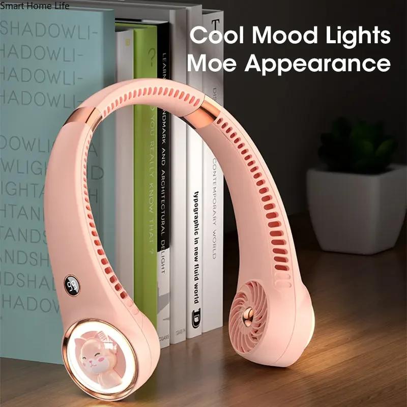 Bladeless Neck Fan USB Rechargeable 2000mAh Digital Display Mini Cute Cat for Travel Office Outdoor