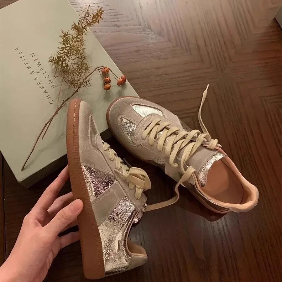 Měkká kůže Vintage Odpovídající barva Kulatá špička Ležérní boty pro ženy 2024 Korejské Slim Sportovní Skate boty