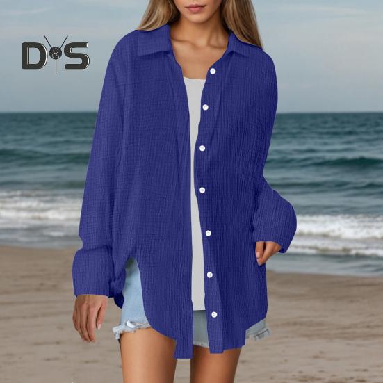 Cămașă Damă Rever Mânecă Lungă Plachetă cu Nasturi Topuri Cămașă Culoare Solidă Croială Lejeră Îngrijire Ușoară Cămașă Șifonată