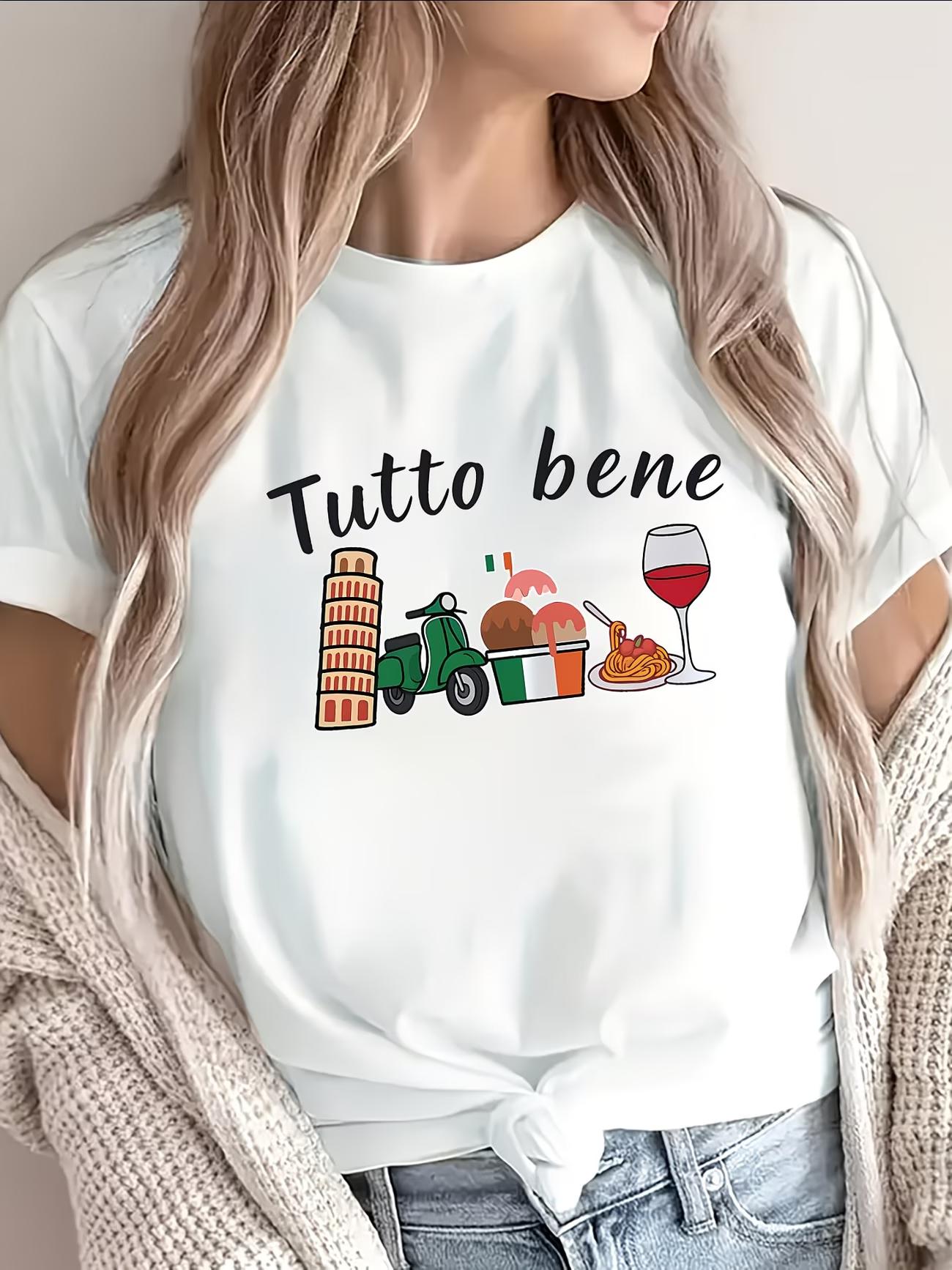 Tutto Bene Italy T Shirt Women Italian Vacation Graphic Tee Funny Pisa Tower Gelato Wine Print Summer Short Sleeve Travel Top S белый