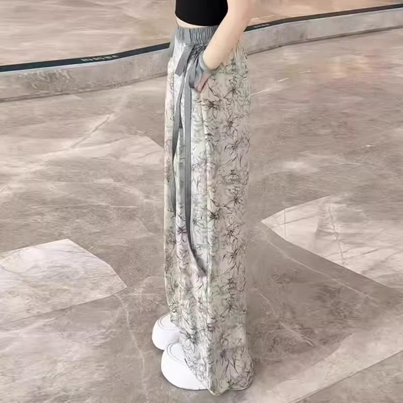 New Chinese Style Ink Painting Ice Silk Wide-leg Pants for Women In Summer Thin High Waist Draping Narrow Version Casual Straight Pants