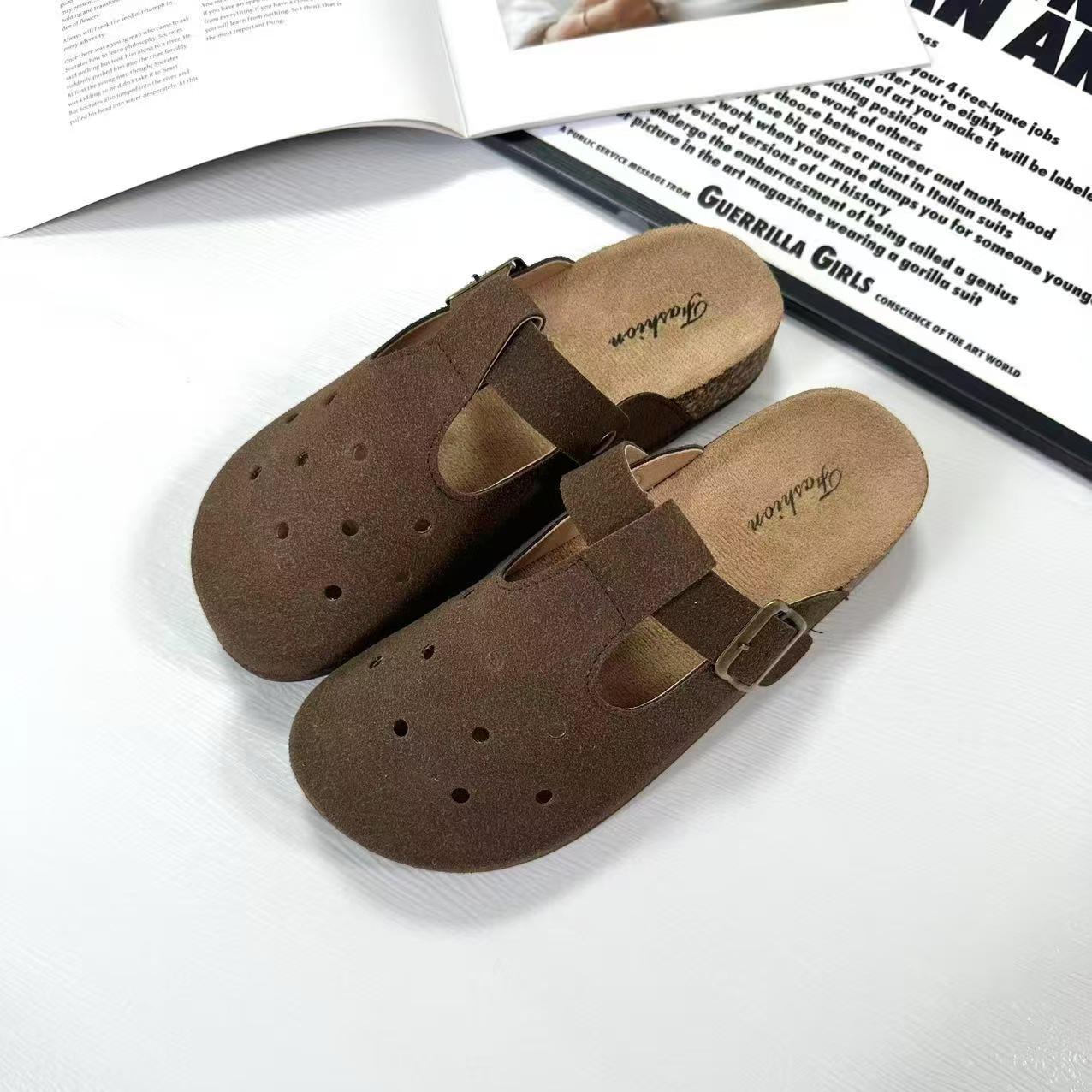 Women s 2025 Summer Cowhide Closed-Toe Cartoon Half-Slippers: Height-Increasing, Thick-Soled Outdoor Shoes 38