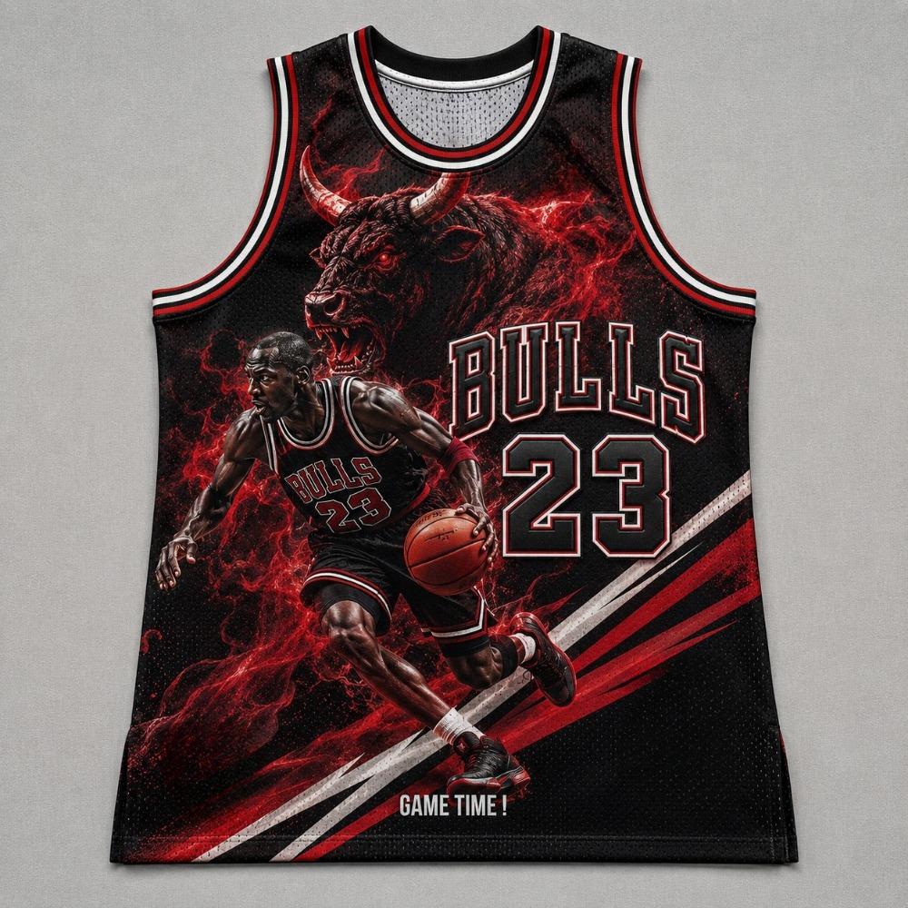 Schwarz Rot Verlauf Bulls Nr. 33 Basketballtrikot Bull Smoke Basketball Print Netz Ärmelloses Tanktop Retro Sportfan Weste