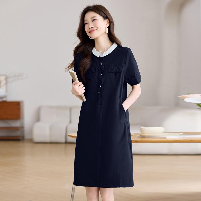 

Женское летнее платье с коротким рукавом, новое, маленькое, модное, повседневное, прямое, с лацканами, юбка XL тёмно-синий