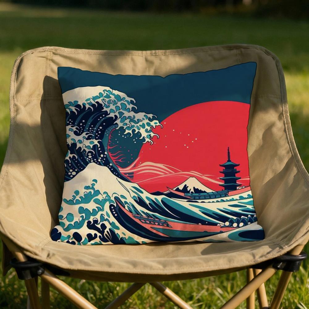 Japanese Waves Cushion Cover Soft Reversible  Durable Pillow Cover  MultiScene Use for Home  Car Daily Comfort